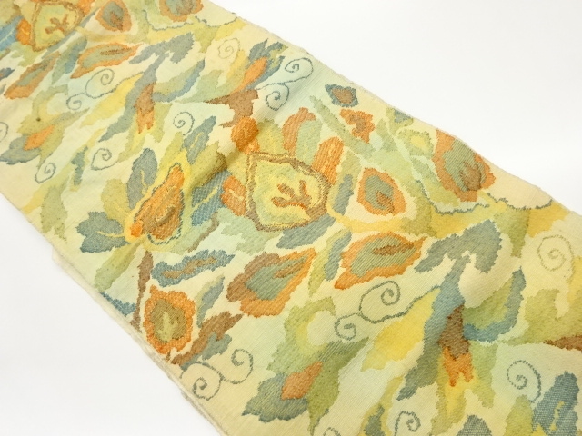 手織り真綿紬抽象花唐草模様織出し名古屋帯